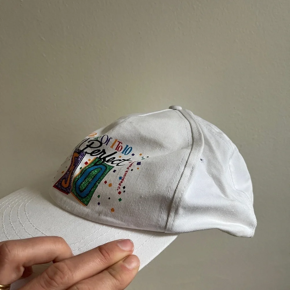 Vintage White Graphic Cap “I’m a perfect 50” birthday hat